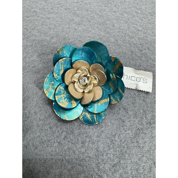Chicos Dionne Flower Pin Brooch Lot Of 2 Teal Blue Gold Rhinestone Statement - Picture 3 of 7